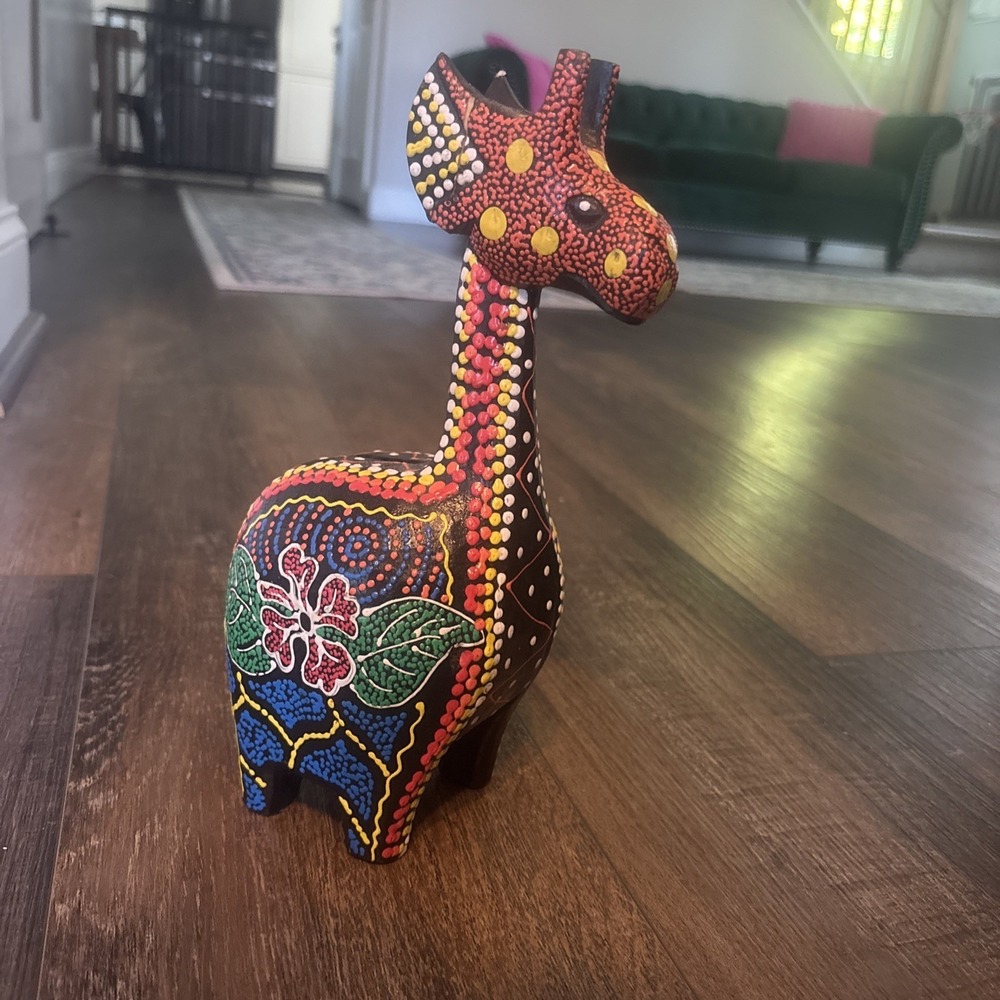 Hand painted Folk Art Giraffe Bank Wood Bright Colorful Ethnic